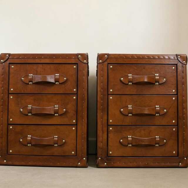 Vintage Style Designer Leather Trunk Bedside Tables Luxury Bedroom Furniture Pair London Tan Hide - image 1