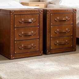 Vintage Style Designer Leather Trunk Bedside Tables Luxury Bedroom Furniture Pair London Tan Hide - thumbnail 2