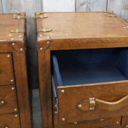 Vintage Style Designer Leather Trunk Bedside Tables Luxury Bedroom Furniture Pair London Tan Hide - thumbnail 3