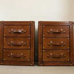 Vintage Style Designer Leather Trunk Bedside Tables Luxury Bedroom Furniture Pair London Tan Hide