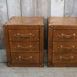 Vintage Style Designer Leather Trunk Bedside Tables Luxury Bedroom Furniture Pair London Tan Hide - thumbnail 4