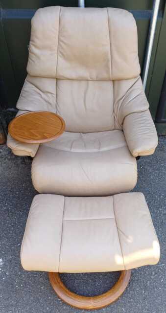 Ekornes Stressless Beige Leather Swivel Recliner Armchair & Footstool - Free Delivery Within 50 Miles, Further Afield At Cost - image 1