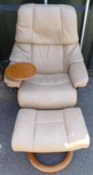 Ekornes Stressless Beige Leather Swivel Recliner Armchair & Footstool - Free Delivery Within 50 Miles, Further Afield At Cost - thumbnail 1