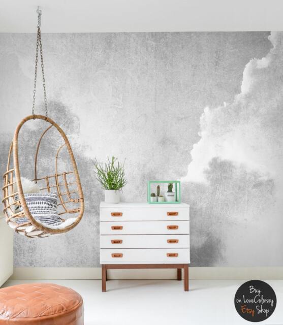 Gray Clouded Temporary Wallpaper, Dreamy Wall, Nursery Wall Mural, Classic Decor, Painted Wall Art, Self Adhesive #31 - image 1