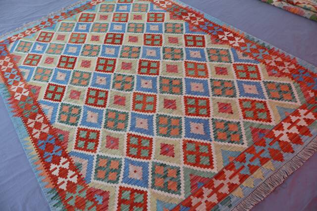 7x10 Afghan Kilim Rug, Large Handmade Veg Dyes Wool Flatweave Rug, Oriental Bedroom Orange Red Beige Green Blue, Rug - image 1