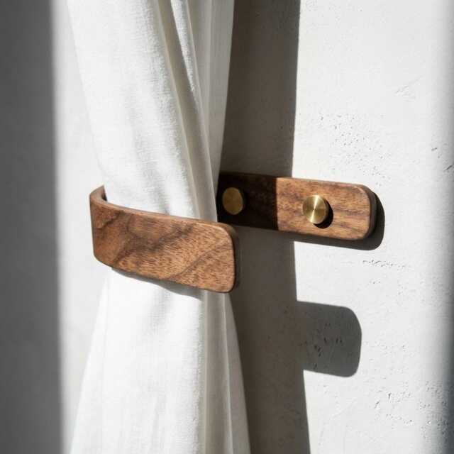 Curtain Holdbacks, Walnut, Decorative Tie Backs, Wooden Hooks, Brass Fittings - image 1
