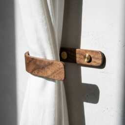 Curtain Holdbacks, Walnut, Decorative Tie Backs, Wooden Hooks, Brass Fittings - thumbnail 1