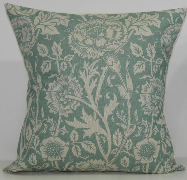 New 18x18 Inch Designer Handmade Pillow Case in Eaton Blue Floral On Linen Colored Fabric