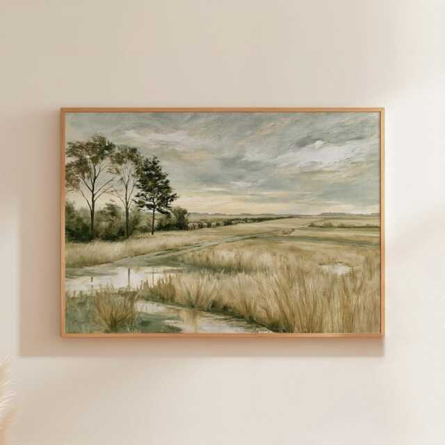 Meadow River Poster, Neutral Landscape Print, Country Wall Art, Paper - image 1