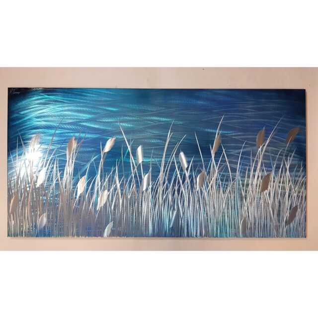 Abstract Metal Wall Art, Lake Scene, Blues, Teal, Silver, Indoor/Outdoor - image 1