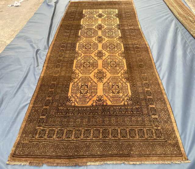 Handmade Ersari Turkmen Runner 5x13, Wool Elephant Foot Gul Hallway Rug, Cream & Bronze Brown Long Gallery Rug, Wide Geometric Entryway Rug - image 1