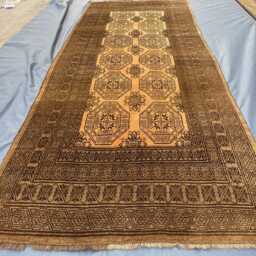 Handmade Ersari Turkmen Runner 5x13, Wool Elephant Foot Gul Hallway Rug, Cream & Bronze Brown Long Gallery Rug, Wide Geometric Entryway Rug - thumbnail 2