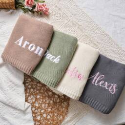 Embroidered Baby Name Blanket, Soft Cotton Knit, Keepsake Gift - thumbnail 2