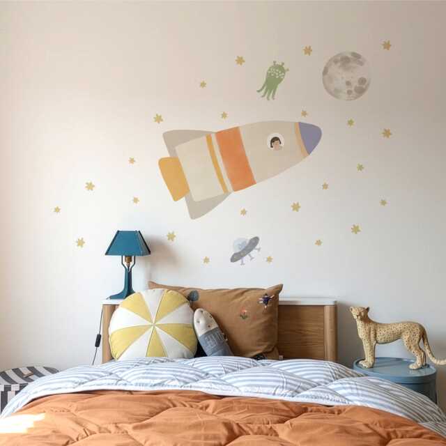 Space Rocket Wall Decal - Hand-Drawn Rocket, Astronaut, Aliens, & Moon Fabric Stickers - image 1