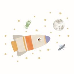 Space Rocket Wall Decal - Hand-Drawn Rocket, Astronaut, Aliens, & Moon Fabric Stickers - thumbnail 2