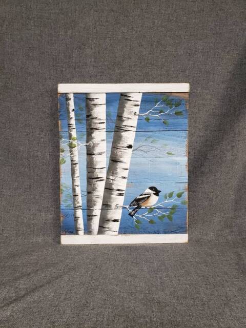 White Birch Painting, Painting On Pallet Wood, Bird, Wall Art Barnwood, Reclaimed Wood Art, Rustic & Shabby Chic - image 1