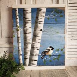 White Birch Painting, Painting On Pallet Wood, Bird, Wall Art Barnwood, Reclaimed Wood Art, Rustic & Shabby Chic - thumbnail 3