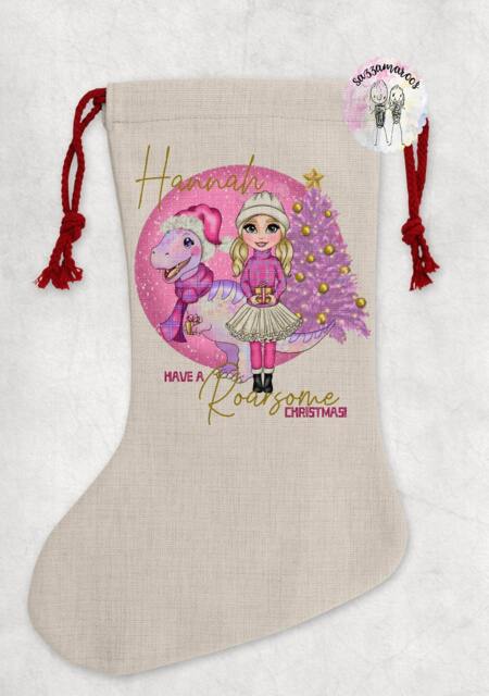 Personalised Dinosaur Stocking - Christmas Eve Box Bag Roarsome Pink Dino - image 1