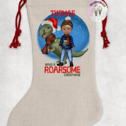 Personalised Dinosaur Stocking - Christmas Eve Box Bag Roarsome Pink Dino - thumbnail 2