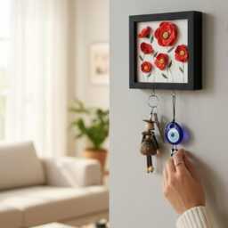 Poppies Small Key Holder For Wall, Red Flower Hooks
