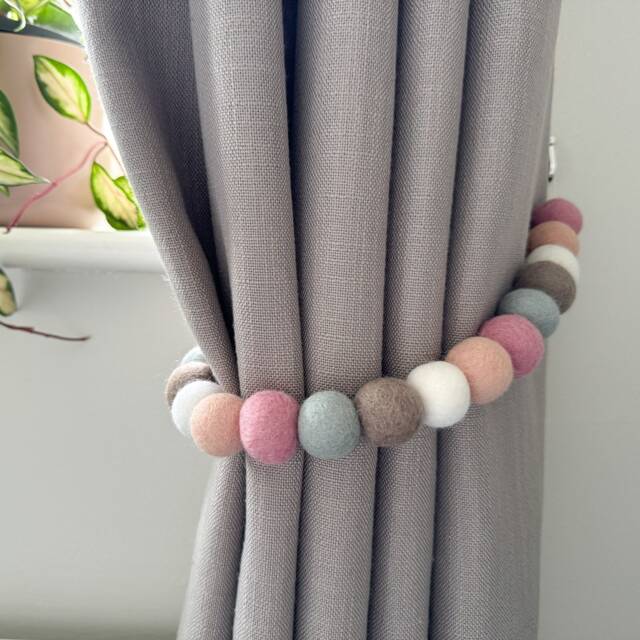 Dusty Pink & Grey Felt Ball Curtain Tie Backs - Pom Hold Custom Nursery Decor Baby Gift Colourful Pull - image 1
