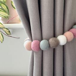 Dusty Pink & Grey Felt Ball Curtain Tie Backs - Pom Hold Custom Nursery Decor Baby Gift Colourful Pull - thumbnail 2
