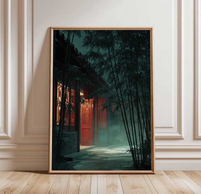 Misty Bamboo Garden At Night Poster, Tranquil Chinese Courtyard Wall Art, Red Temple Lanterns Print - image 1