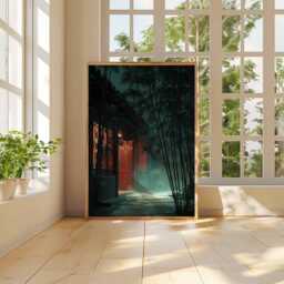 Misty Bamboo Garden At Night Poster, Tranquil Chinese Courtyard Wall Art, Red Temple Lanterns Print - thumbnail 3