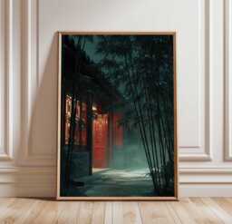Misty Bamboo Garden At Night Poster, Tranquil Chinese Courtyard Wall Art, Red Temple Lanterns Print - thumbnail 1