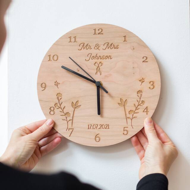 Engraved Cherry Wood Floral Personalised Wall Clock - Family New Home Gift Illustrated Acrylic 5Th Wedding Anniversary - image 1