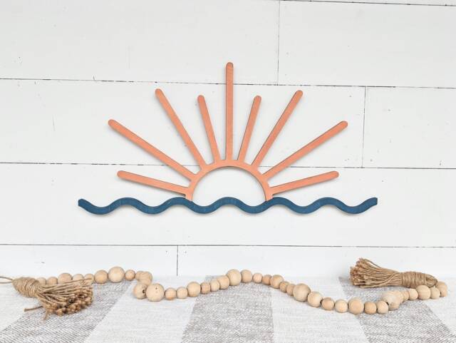 Sunset With Wave Ocean Wood Wall Art Beach Decor, Living Room Scene - image 1