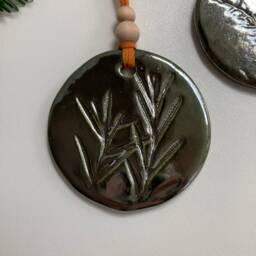 Handmade Ceramic Christmas Ornaments Antique Bronze Clay, Botanical Imprint - Set Of 2 - thumbnail 4