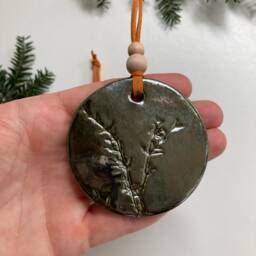 Handmade Ceramic Christmas Ornaments Antique Bronze Clay, Botanical Imprint - Set Of 2 - thumbnail 2