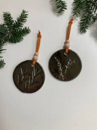 Handmade Ceramic Christmas Ornaments Antique Bronze Clay, Botanical Imprint - Set Of 2 - thumbnail 1