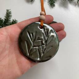 Handmade Ceramic Christmas Ornaments Antique Bronze Clay, Botanical Imprint - Set Of 2 - thumbnail 3
