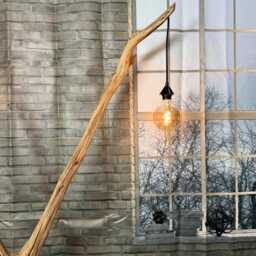 Floor Lamp Arc Made Of Sustainable Oak Wood On Black Natural Stone - thumbnail 3