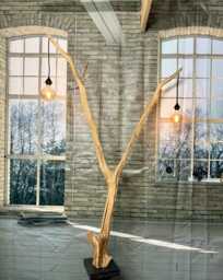 Floor Lamp Arc Made Of Sustainable Oak Wood On Black Natural Stone