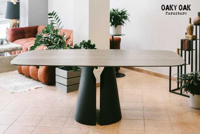 Oak Dining Table, Black Metal Base - Industrial Rustic Furniture - image 1