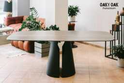 Oak Dining Table, Black Metal Base - Industrial Rustic Furniture - thumbnail 1