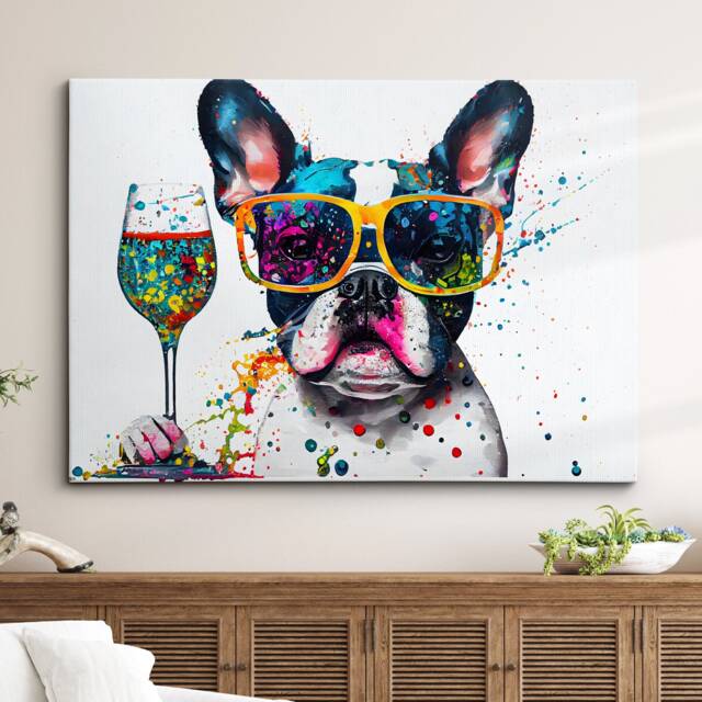 French Bulldog Toasting Drink Dog Pet Abstract Modern Painting Wall Art, Framed Canvas Poster Print, Home Kitchen Office Room Decor, Gifts - image 1