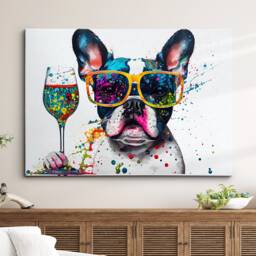French Bulldog Toasting Drink Dog Pet Abstract Modern Painting Wall Art, Framed Canvas Poster Print, Home Kitchen Office Room Decor, Gifts - thumbnail 1