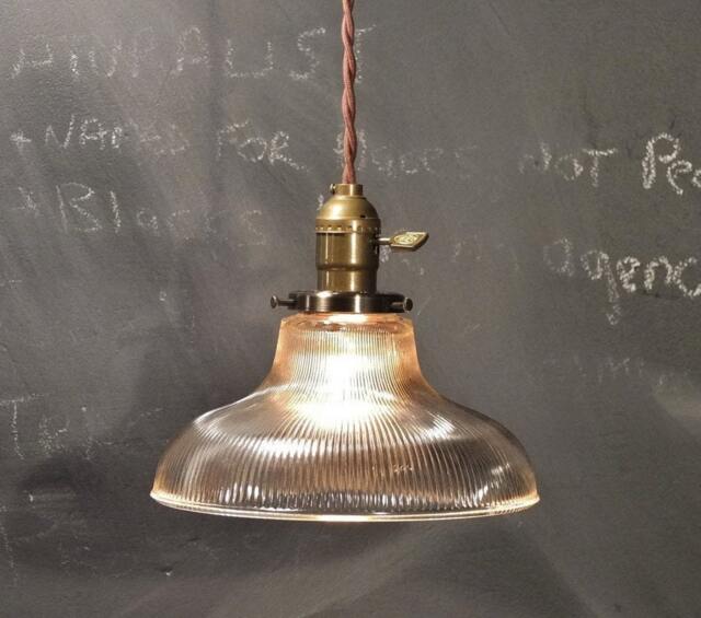 Vintage Industrial Holophane Shaded Pendant Lamp - Hanging Light With Ribbed Glass Shade - image 1