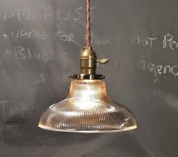 Vintage Industrial Holophane Shaded Pendant Lamp - Hanging Light With Ribbed Glass Shade - thumbnail 1