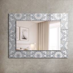 Pattern With Ornaments Mirror, Rectangular Mirror With Frame, Gray Printed Decorative Wall Hallway
