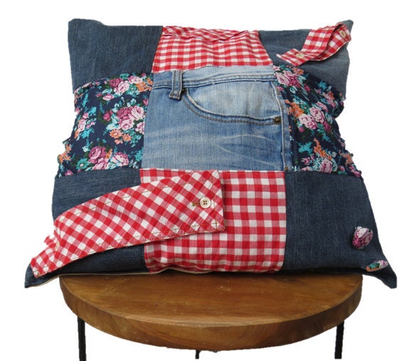 Denim Cushion & Shirt Patchwork - Handmade Unique Jeans Denim Upcycle Recycle Reuse Durable Decorative - image 1