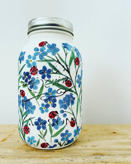 Forget Me Not & Ladybird Design Mason Jar - Vase, Storage, Handmade, Home Decor, Gift - image 1