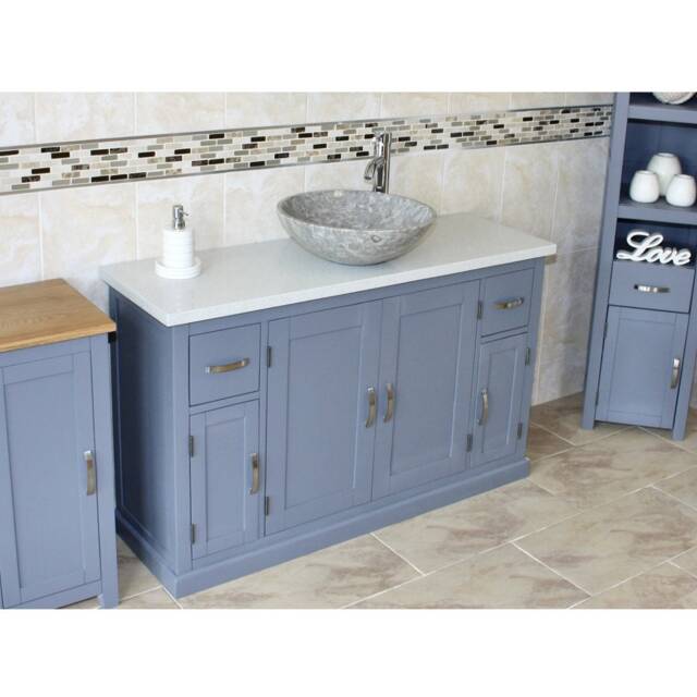 Grey Painted Bathroom Single Vanity Unit 123cm Wide With White Quartz Top & Marble Basin Set 402Gwqsbcx1 - image 1