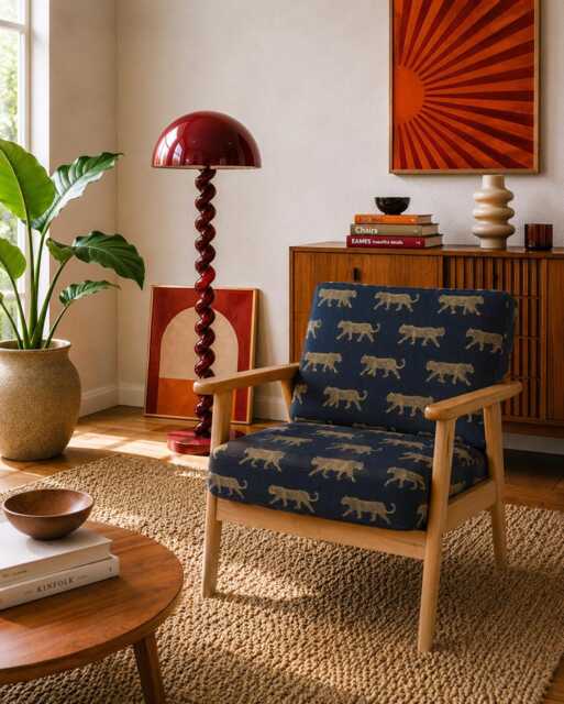 Upholstered Midcentury Modern Armchair - Leopard Animal Print Golden Blue - image 1