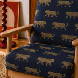 Upholstered Midcentury Modern Armchair - Leopard Animal Print Golden Blue - thumbnail 2