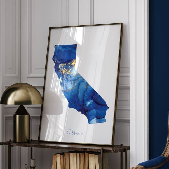 California Map Blue & Gold Wall Art Print - Us State United States Of America Usa - image 1